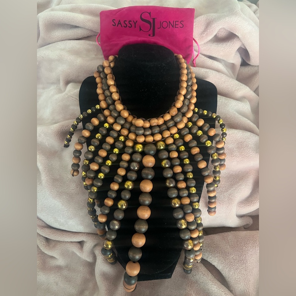 Sassy Jones Wood and Gold Tribal Bib and Bracelet Stack